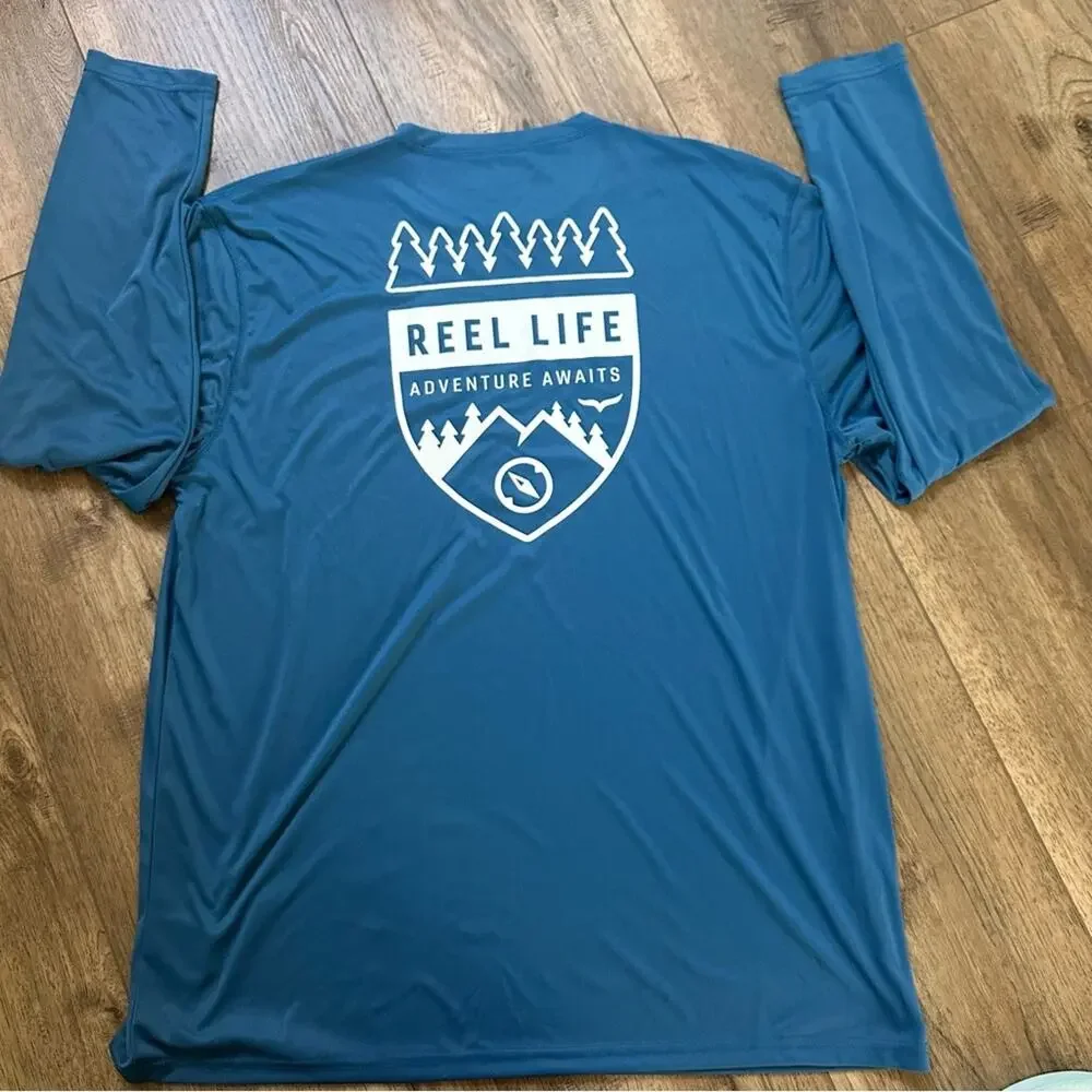 NEW! Reel Life Sun Defender Shirt, Moisture Wicking, Long Sleeve, Blue, XXL